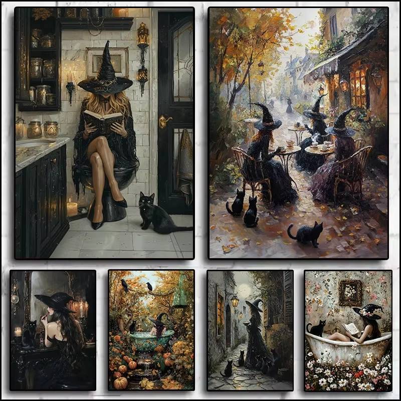 Vintage Halloween Forest Witch At Cafe,Reading Book in Bathtub Aesthetic Poster Canvas Painting Wall