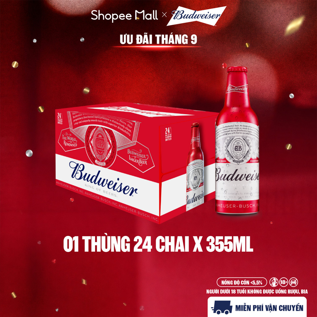 [ĐỘC QUYỀN LIVESTREAM] Thùng 24 Chai Aluminum Bia Budweiser Chính Hãng (355ml/ chai)