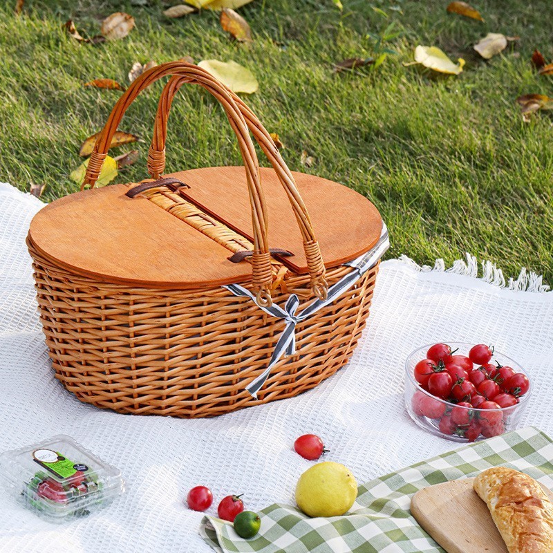 Giỏ picnic bằng mây mới dành cho các buổi dã ngoại ngoài trời, đi chơi mùa xuân, giỏ xách tay bằng m