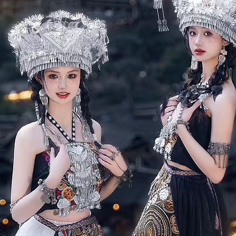 Mới Thiểu Số Dân Tộc Mũ Miao Bạc Miao Dân Tộc Mũ Bạc Miao Dân Tộc Mũ Đội Đầu Tua Rua Mũ Bạc Cổ Handm