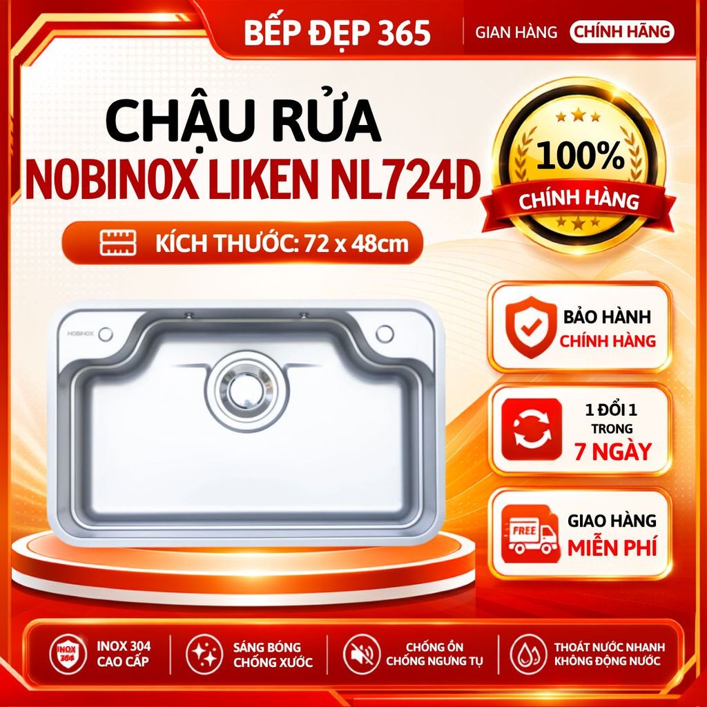 CHẬU RỬA BÁT 1 HỐ NOBINOX LIKEN NL724D | KÍCH THƯỚC 72X48CM | BỀ MẶT MỊN