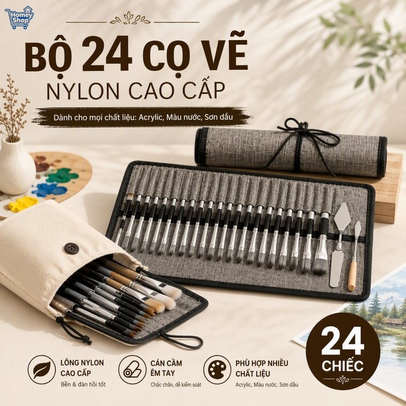 Bộ 24 cọ vẽ nylon kèm túi canvas và cán gỗ, lông mềm hút màu tốt, dùng cho acrylic, màu nước và sơn 