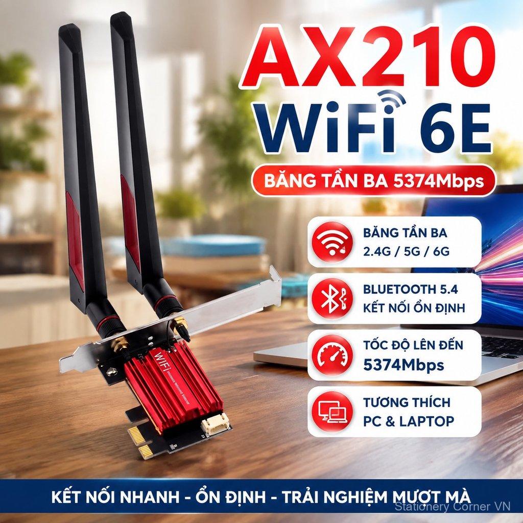 Card WiFi AX210 5374Mbps Bluetooth 5.4 cho laptop PC, tốc độ cao ổn định