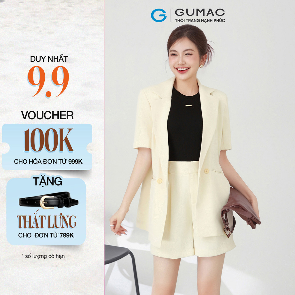 Set Lẻ Áo Khoác Blazer Nữ GUMAC Nút Gỗ Thanh Lịch OWF03028 Phối Quần Shorts Nữ Chiết Ly Thời Trang S