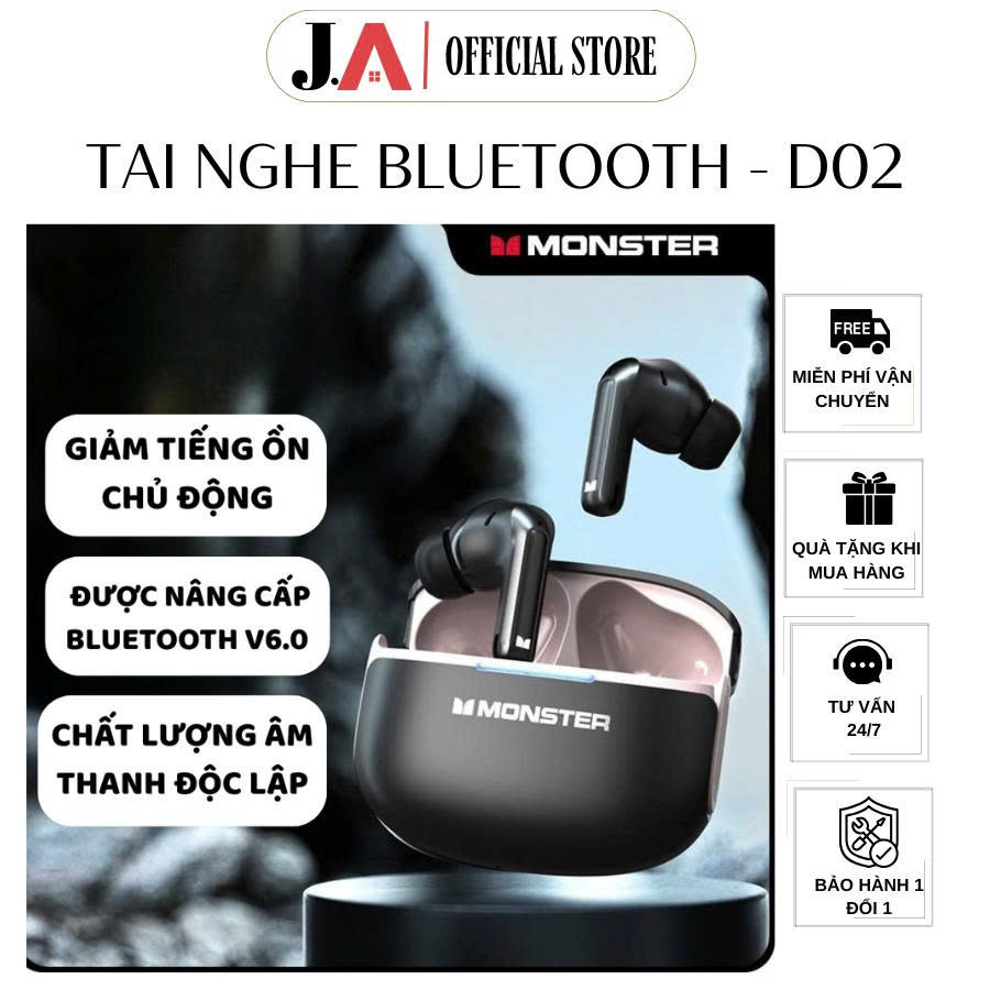 Tai Nghe Bluetooth Monster D02 Chính Hãng - Giảm Ồn Chủ Động, Bluetooth 6.0, Âm Thanh Sống Động(J.A 