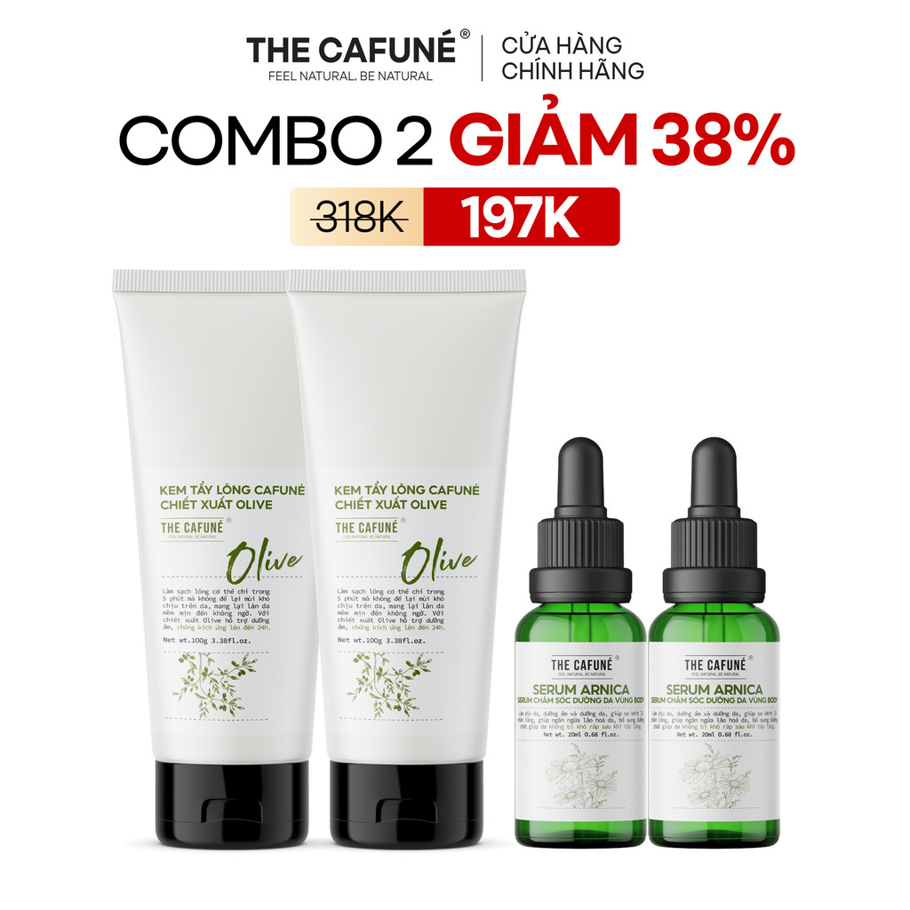 [MUA 2 GIẢM 38%] Bộ 2 Combo Kem Tẩy Lông Olive Và Serum Dưỡng Cafuné Triệt Lông Vùng Kín, Bikini, Ch
