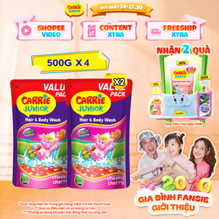 Combo 4 Túi Sữa Tắm Gội Carrie Junior Cho Bé Hương trái cây thiên nhiên Cheeky Cherry (500g x 4)