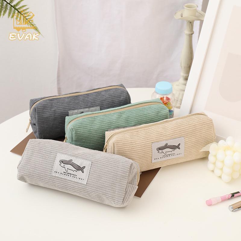 Alittlesetrtu Shark Pencil Case Corduroy Pen Case Kawaii Dung Tích Lớn Văn Phòng Phẩm Pencilcase VN