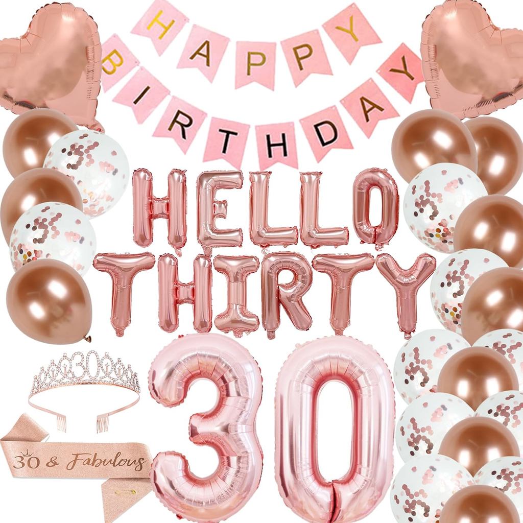 Đồ trang trí sinh nhật lần thứ 30 cho cô ấy: Biểu ngữ 'Hello Ba mươi' vàng hồng, Tiara, Sash, Bong b