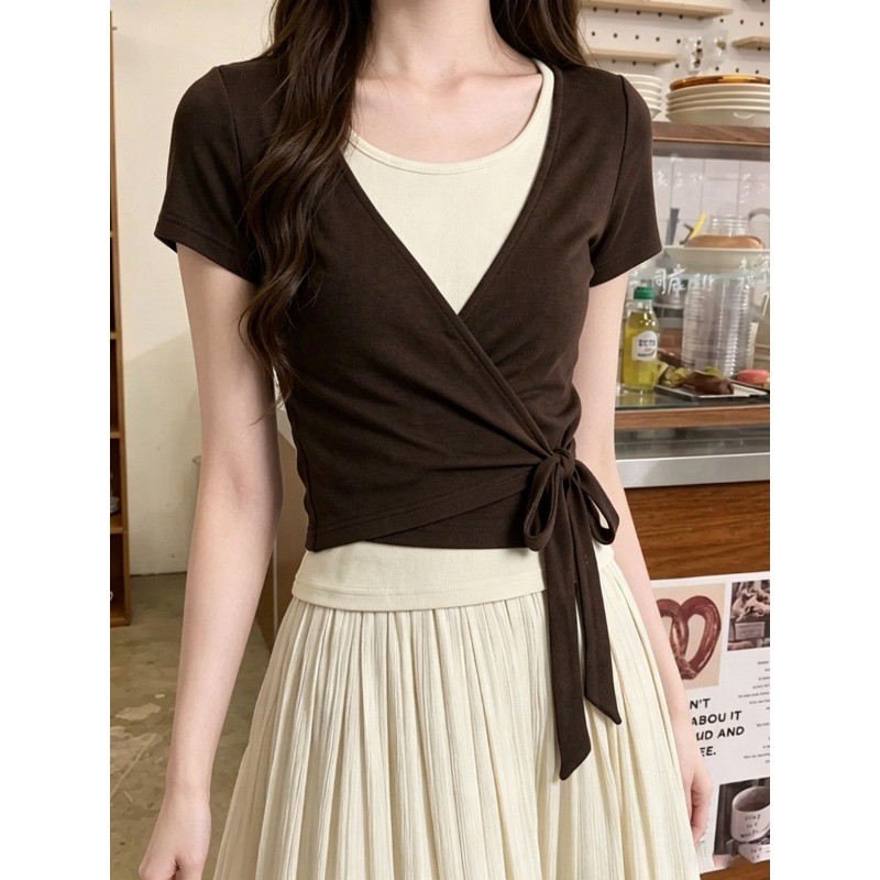 MR [Cắt thường ngày] Áo thun ngắn tay cổ chữ V dành cho nữ Áo Vest không tay mùa hè Áo Vest hai mảnh