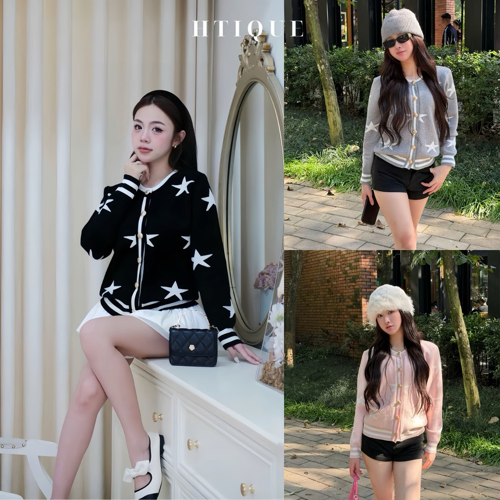 (BST Thu Đông HTIQUE) Áo cardigan len đen họa tiết ngôi sao cúc vàng, áo len dệt kim nữ sang chảnh L
