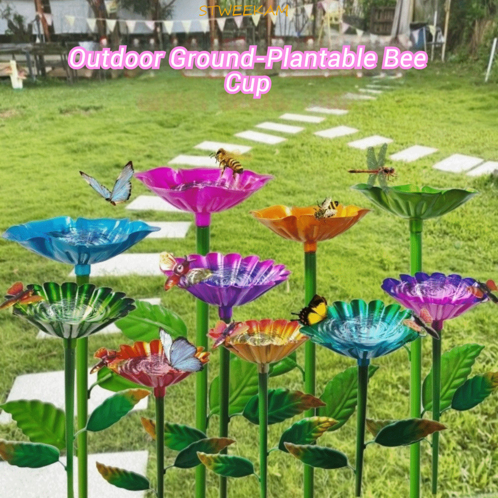 STWEEKAM Bee Butterfly Water Dispenser, Garden Stake Iron Bee Water Feeder, Bee Bath Flower Design T