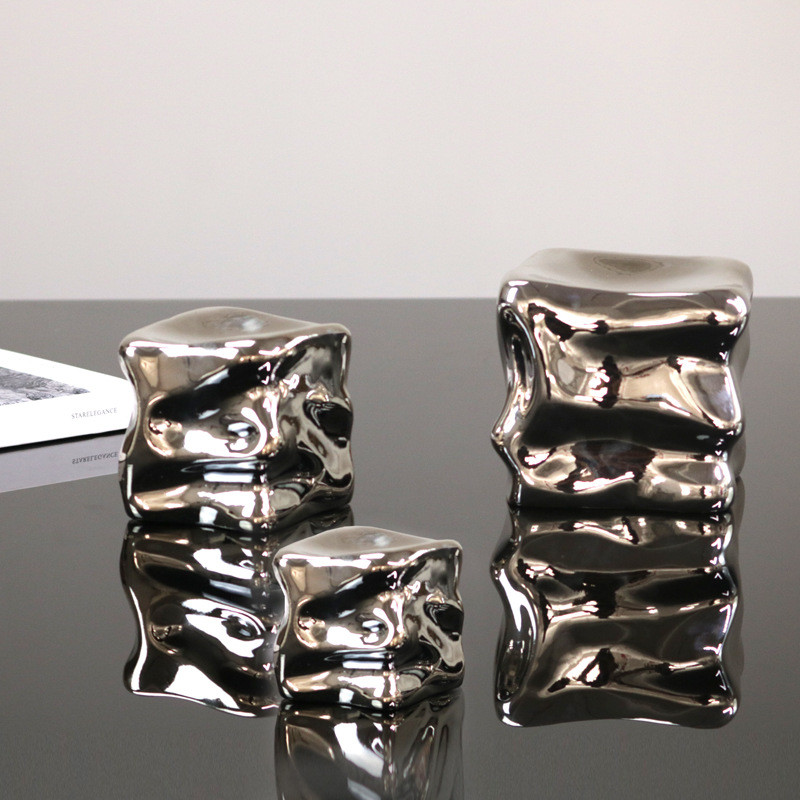 Modern light luxury abstract electroplated silver cube ornament for model rooms, hotels, and living 