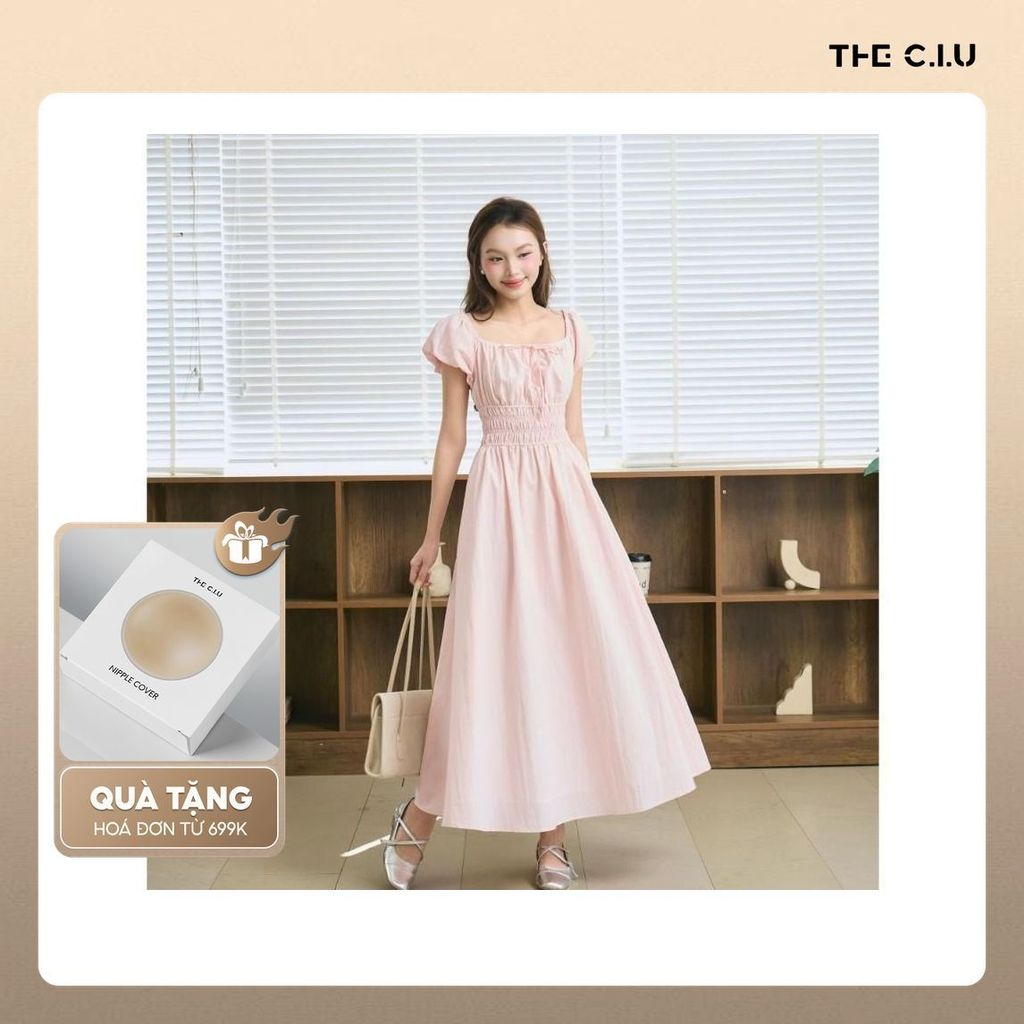 Đầm maxi nữ tay ngắn THE C.I.U, váy chiết eo smock dáng xòe nữ tính dịu dàng – Mamie Dress - MN12