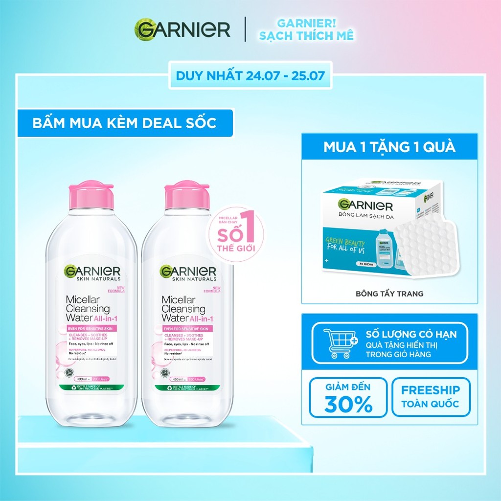 Bộ 2 nước làm sạch và tẩy trang cho da nhạy cảm (nắp hồng) Garnier 400ml x 2