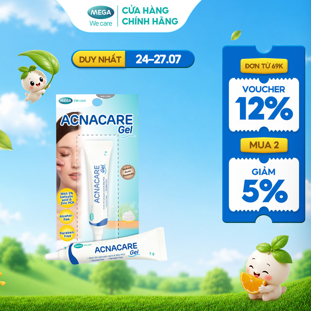 Gel giảm mụn, giảm nhờn, sạch tế bào chết, mềm da - ACNACARE GEL Mega We Care (7g)