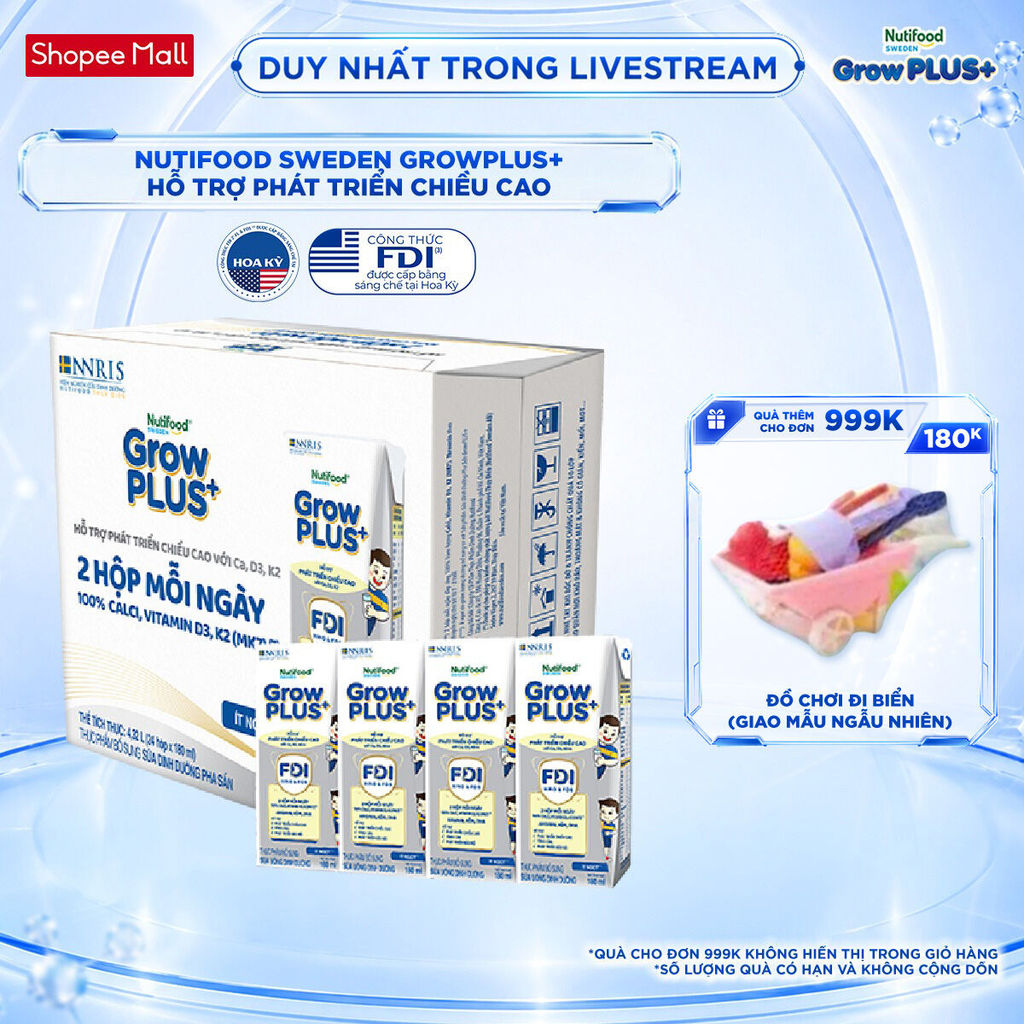 Thùng 24 hộp Sữa Bột Pha Sẵn Nutifood Sweden GrowPLUS+ Cao lớn vượt trội 24 hộp 180 ml
