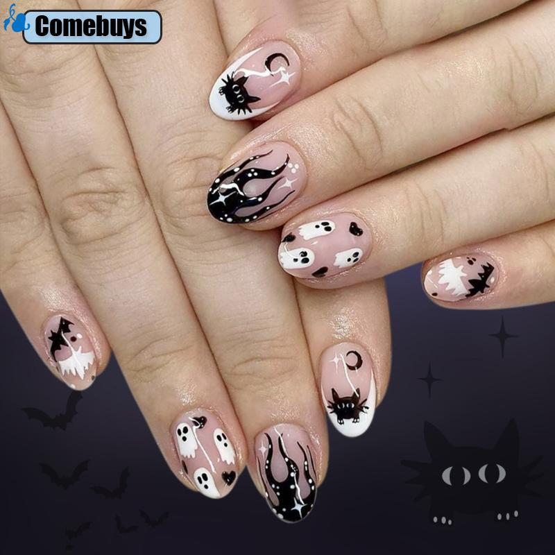 Com * Halloween Press on Nail Almond Fake Nail Bat Acrylic Glossy False Nail