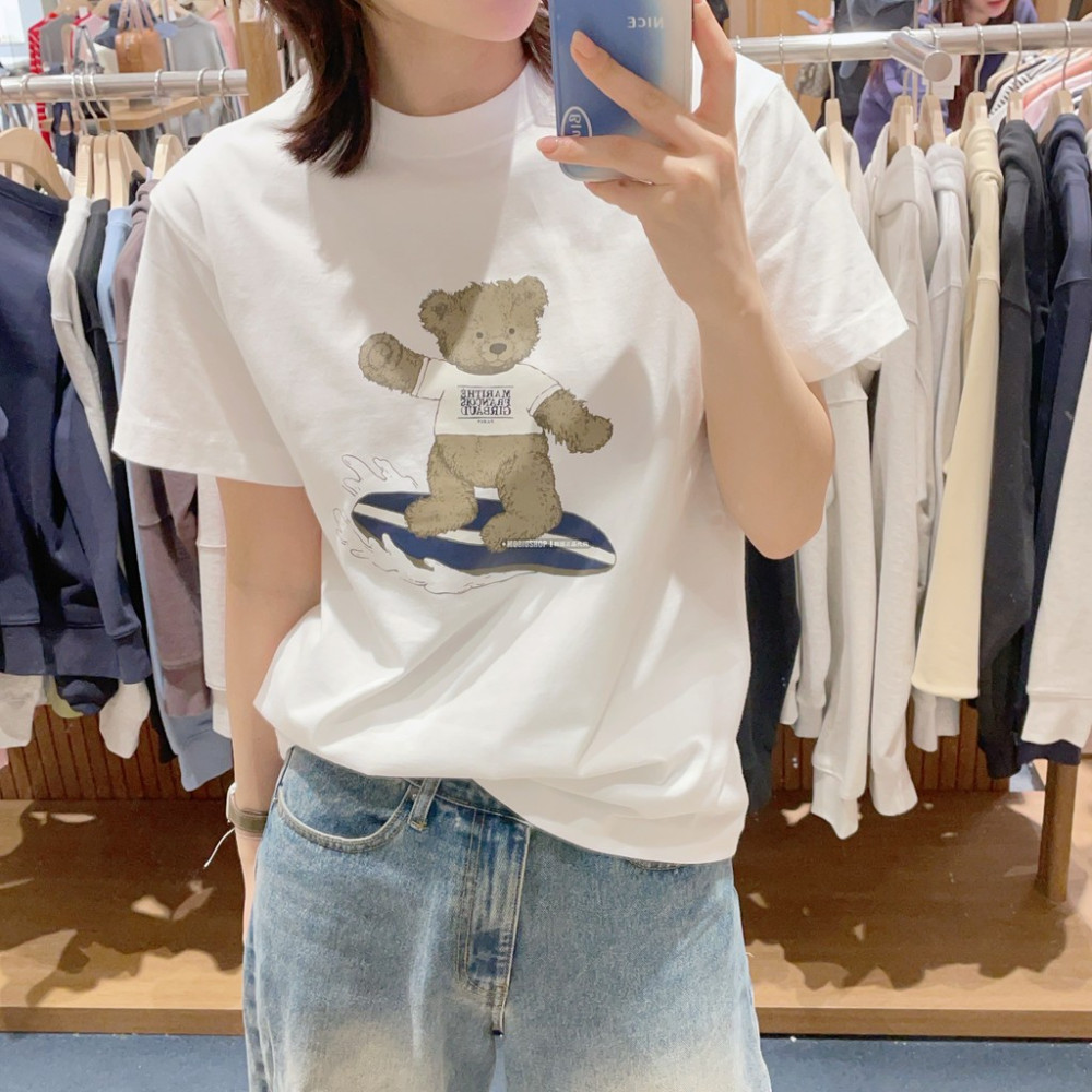MARITHE FRANCOIS GIRBAUD Trượt ván Gấu Hoạt Hình In Hình Cotton Cao Cấp Nữ Tay Ngắn Phong Cách Baggy