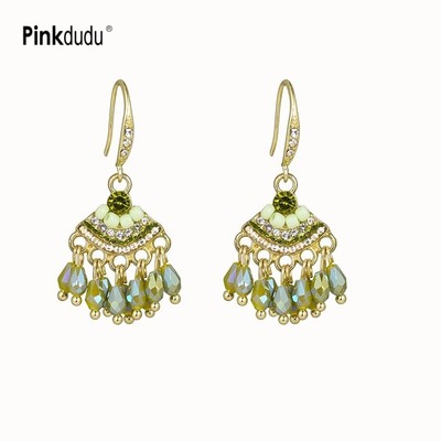 Pinkdudu Vintage Xanh Giọt Nước Tua Rua Bông Tai Bohemian Phong Cách Dân Tộc Pha Lê Tòn Ten Giọt Trang Sức Tinh Tế PD2606