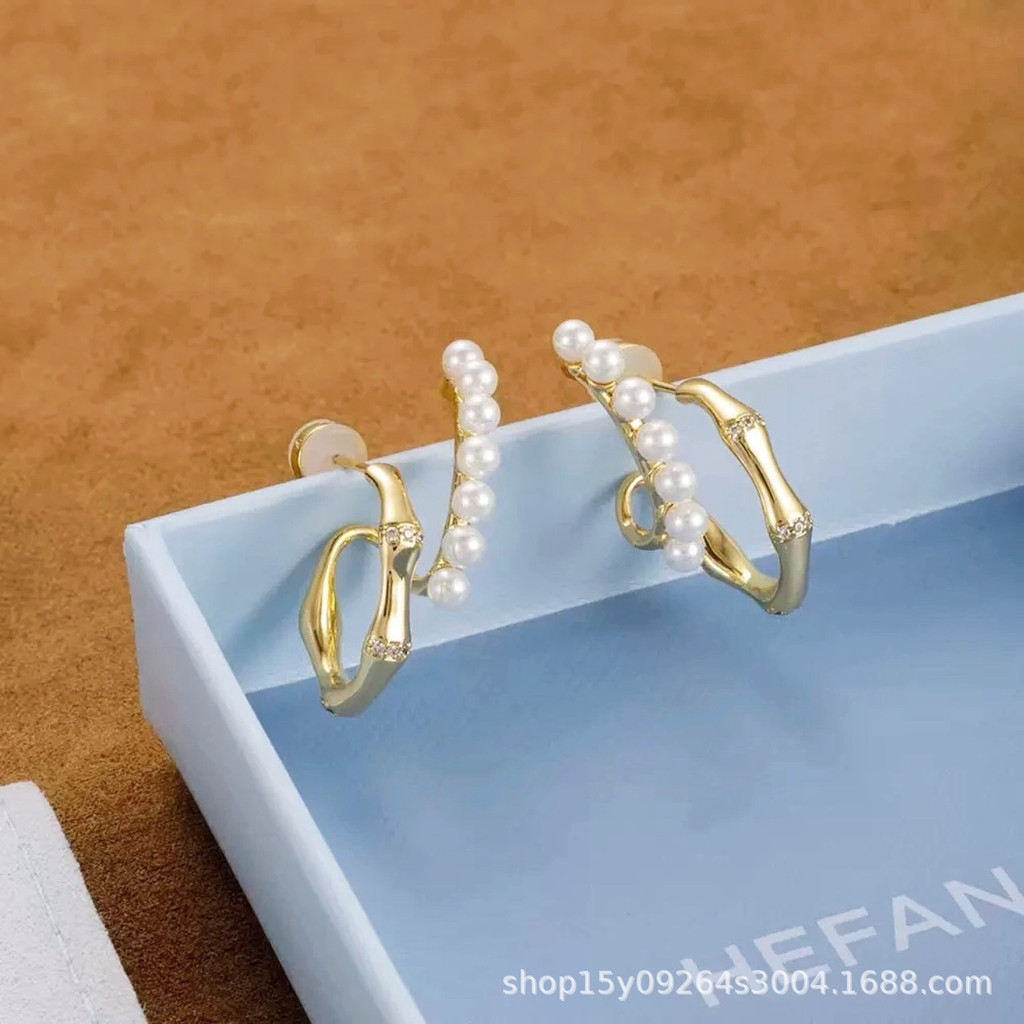 Bamboo double-layer earrings/ear clips Chinese-style New Chinese Elegance Light Luxury Accessories E