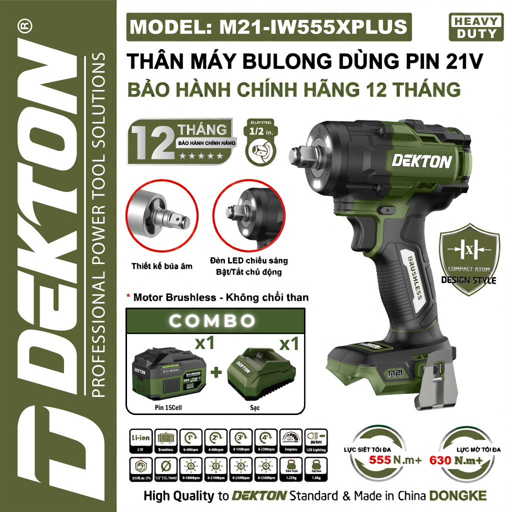 Máy Siết Bulong Pin DEKTON M21-IW550PRO Và IW555XPLUS, Không chổi than, Lực Siết 555Nm, 4 Tốc Độ