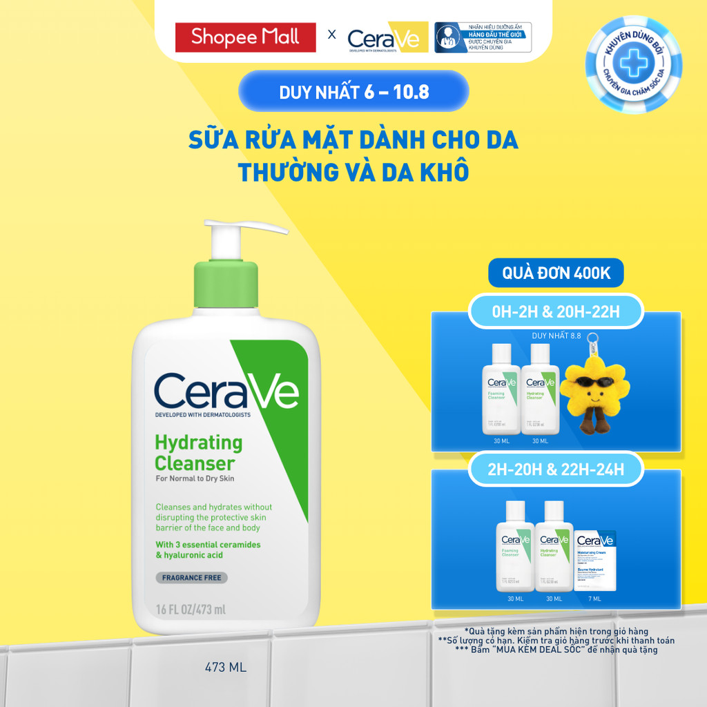 Sữa rửa mặt giúp làm sạch sâu dành cho da thường và da khô Cerave Hydrating Cleanser 473ML