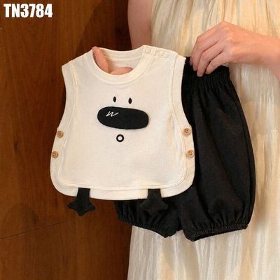 Bộ Đồ Bé Trai Mùa Hè Áo Sát Nách Kem Họa Tiết Mặt Thú 3D Quần Short Bloomer MINTSCLOSET TN3784