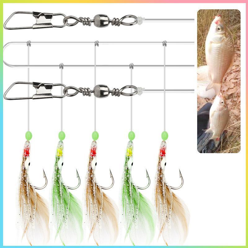 (COD) Móc câu Chien Feather Octopus Glow-in-the Dark Bead String Hook 5 móc / dây treo Bộ câu cá