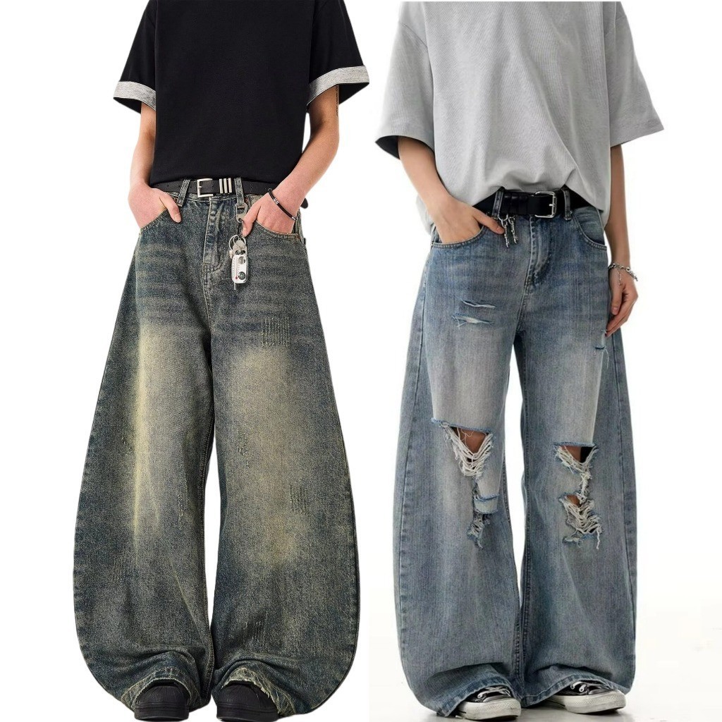 American High Street Washed Slub Pattern Machete Jeans Nam Hợp Thời Trang Rời Retro Quần baggy