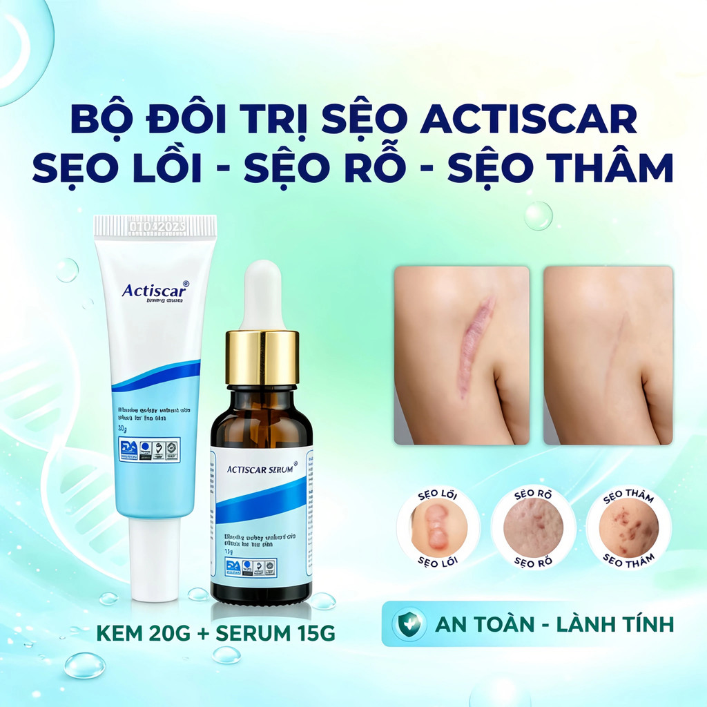 Actiscar Kem Và Serum Sẹo  Hỗ Trợ Làm Mờ Sẹo Lồi, Lõm, Rỗ, Sẹo Phẫu Thuật, Sẹo Thâm Lâu Năm, Sẹo Bỏn