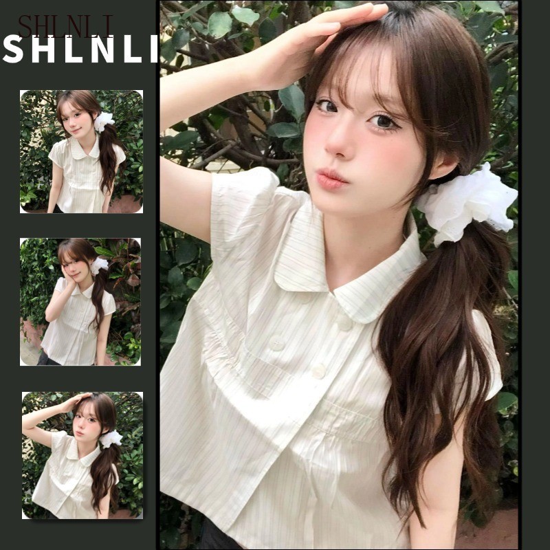 Áo sơ mi nữ mùa hè thoáng khí Peter Pan Collar Crop Top Sweet Preppy Casual