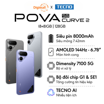 Điện thoại TECNO POVA Curve 2 5G (8+8)GB/128GB - Siêu Pin 8000mAh | Siêu Mỏng | Màn cong AMOLED 144Hz | Dimensity 7100