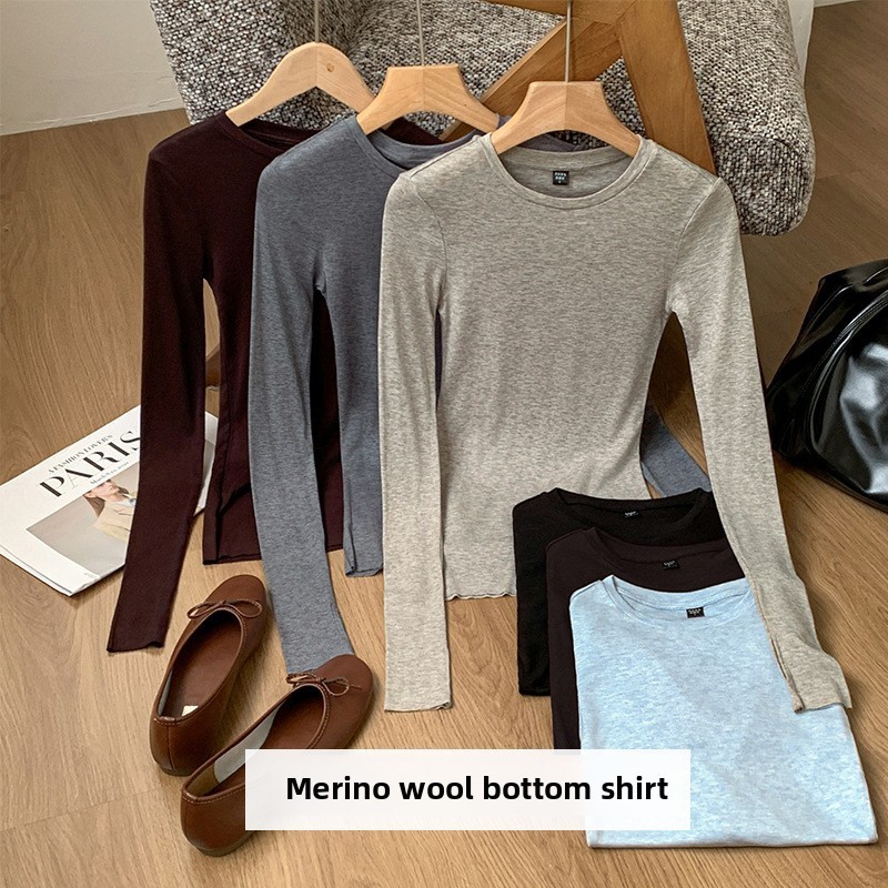 Tencel Merino Len Đáy Áo Sơ Mi Nữ Thu Đông Merino Cổ Tròn Ấm Đan Bên Trong Dài Tay Top