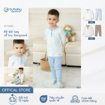 Bộ quần áo dài tay cổ trụ Jacquard BU Baby, bộ thu đông bé trai bé gái ấm áp, bộ trẻ em | SCT110301