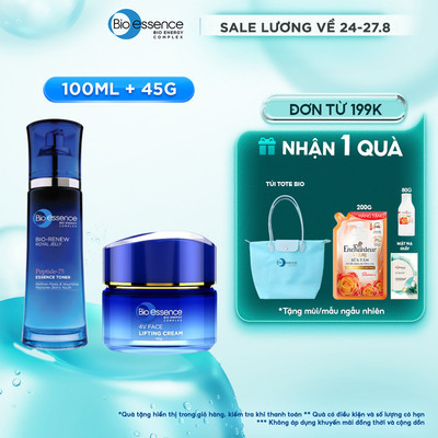 Combo Kem nâng cơ mặt & dưỡng trắng Bio-Essence Bio-Vlift Brightening 45g và Nước cân bằng Bio-Essence Bio-Renew 100ml