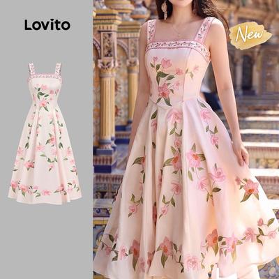 (New Arrival) Lovito Đầm Nữ Mùa Xuân/Hè Váy Họa Tiết Thanh Lịch Viền Ren L199ED663