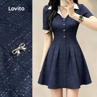 (New Arrival) Lovito Đầm xanh đậm mùa xuân hè dáng chữ A nữ thắt nơ màu sắc tương phản xếp ly L196LD138
