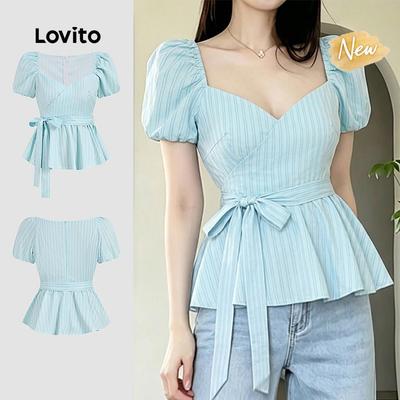 (New Arrival) Lovito Áo Blouse Nữ Mùa Xuân/Hè Cổ Tròn Tay Ngắn Họa Tiết Ruffle Màu Xanh Dương L200AD041