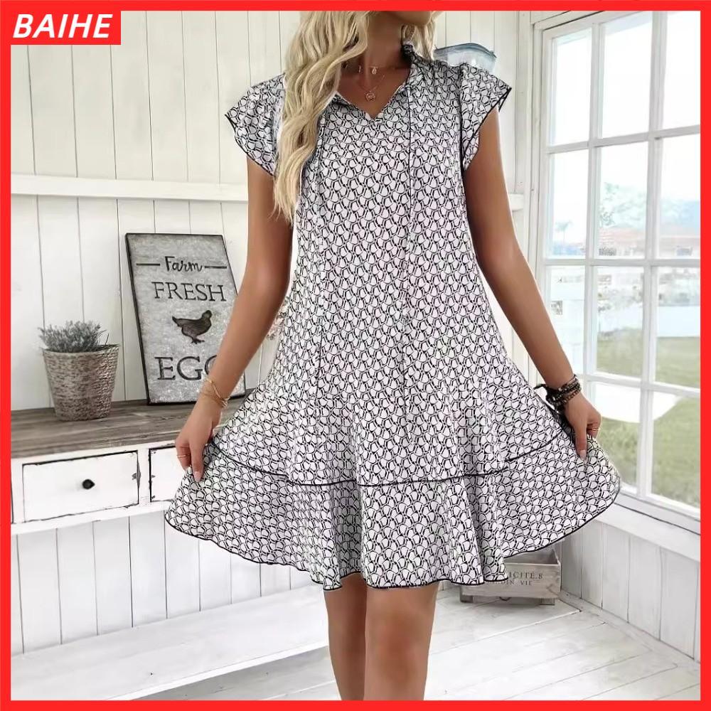 BAIHE Ruffle Mini Dress, S-3XL Size Range Loose Casual Dress, Nhỏ Tay Bay In Họa Tiết Bohemian In Hì