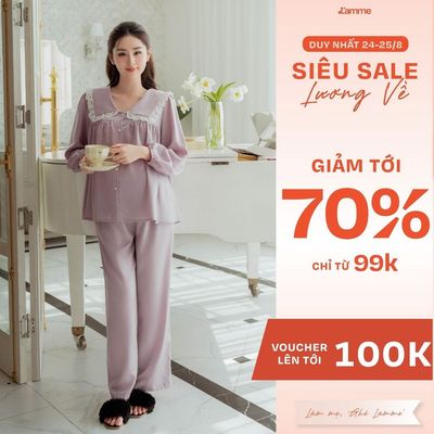Bộ bầu mặc nhà (MIE) chất lụa ngọc trai tay dài thiết kế cổ sen phối ren điệu đà nữ tính by L'AMME