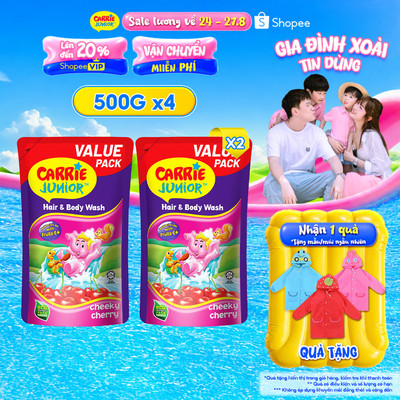 Combo 4 Túi Sữa Tắm Gội thiên nhiên Sạch Dịu Nhẹ & ẩm mịn Cho Bé Carrie Junior hương Cheeky Cherry (500g x 4)