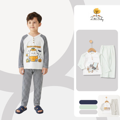 Bộ bé trai thun dài tay kẻ sọc, 3 khuy phía trước mặc mềm mát LITIBABY ĐB004 2-10t
