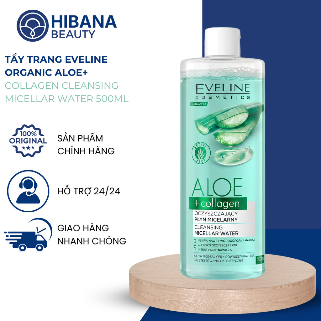 Nước tẩy trang Eveline Cosmetics Organic Aloe + Collagen Cleansing Micellar Water 500ml