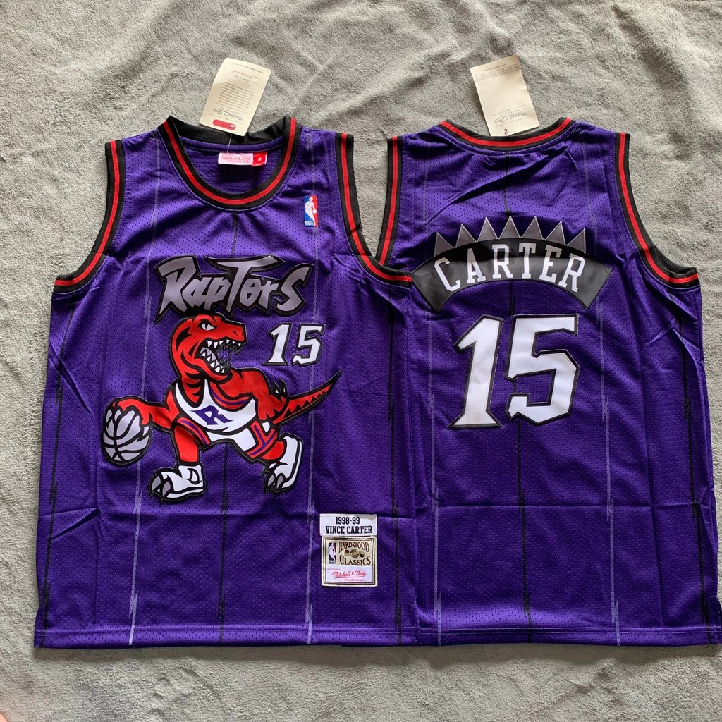 Raptor No. 15 Carter Big Tyrannosaurus Purple Jersey NBA Retro Thêu Lưới Nhanh Khô Jersey