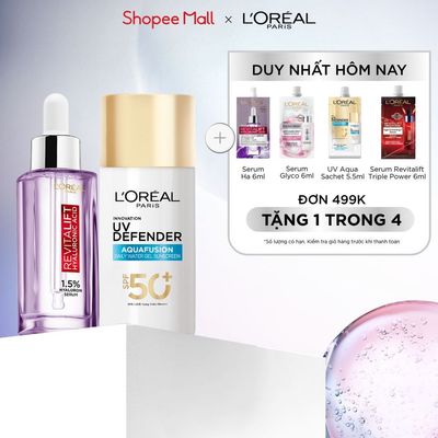 Bộ đôi chống nắng water gel UV Defender Aquafusion 50ML & Serum siêu cấp ẩm, giảm nếp nhăn L'Oreal Paris 1.5% HA 30ML 