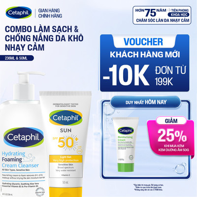 Combo Sữa Rửa Mặt Tạo Bọt Cetaphil Hydrating Foaming Cream Cleanser 236ml + Gel chống nắng Sun SPF 50+ Light Gel 50ml