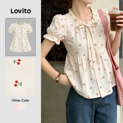 (New Arrival) Lovito Áo sơ mi nữ tay ngắn mùa xuân hè họa tiết nơ phong cách thường ngày L197AD093