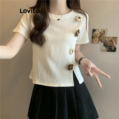 Lovito Phong cách thường ngày Áo thun giản dị hoa trơn Plicated Áo thun nữ LNA66479 (Nhiều màu)