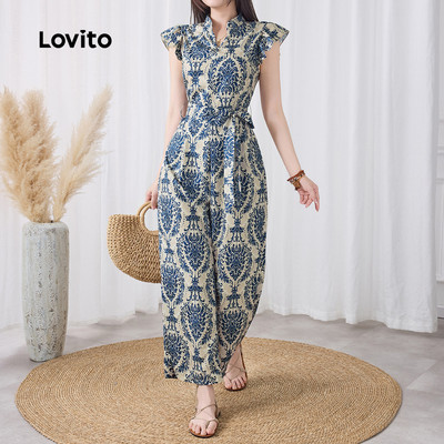 Áo liền quần Lovito Kỳ nghỉ buộc dây có khóa kéo họa tiết dân tộc cho nữ L133ED204
